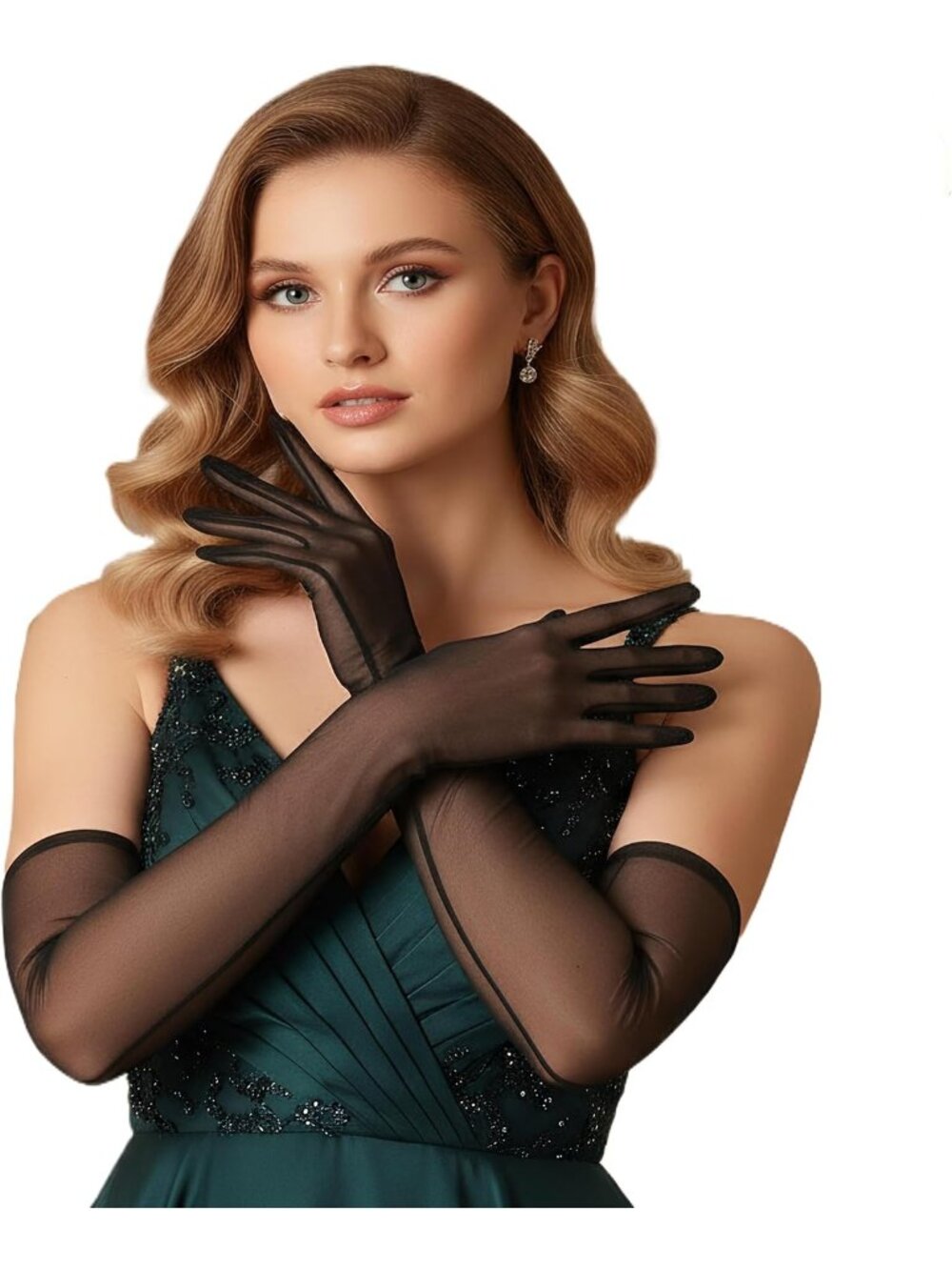 Women Black Mesh Elbow Length Tulle Sleeves Long Stretchy Wedding Bridal Gloves